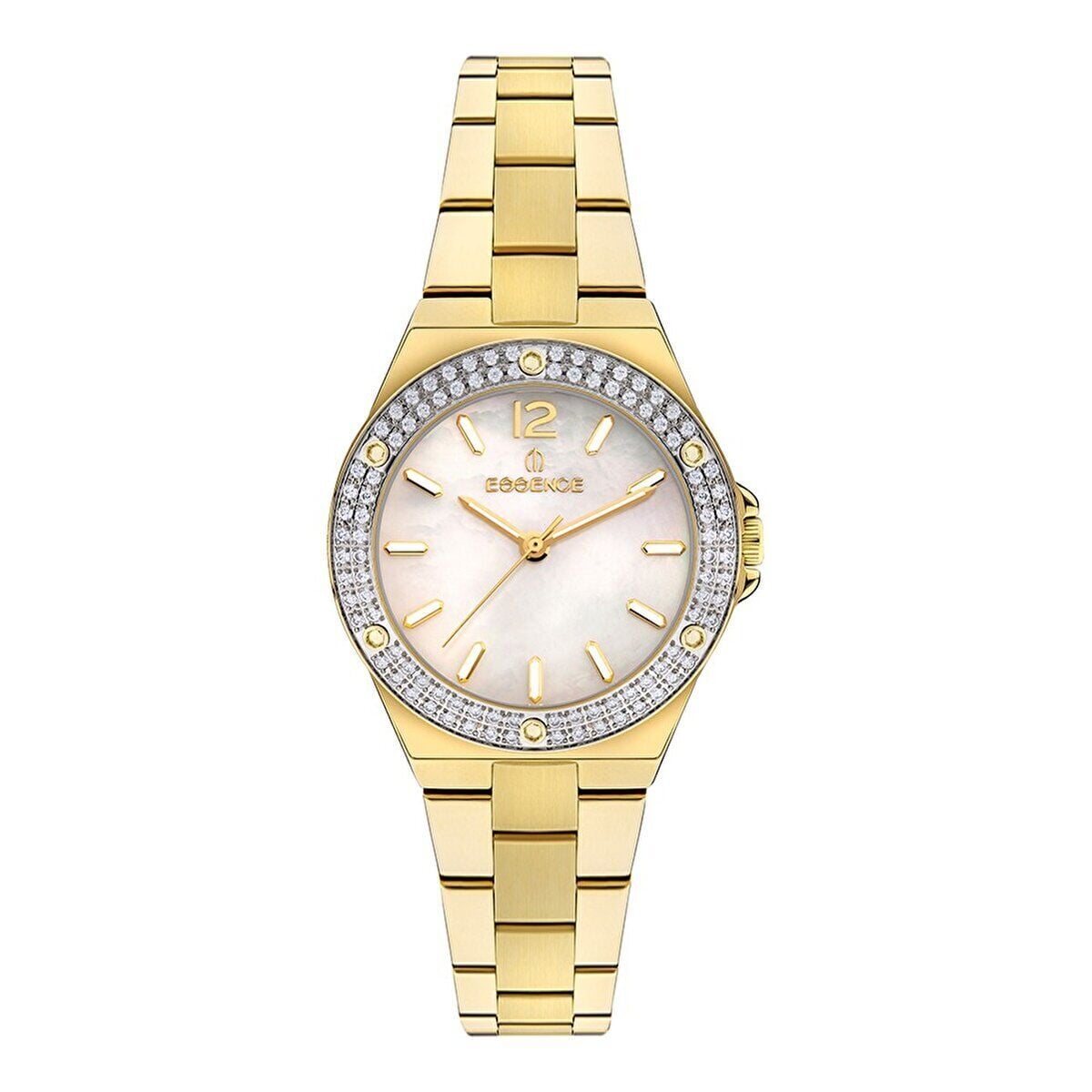 Essence ES6904FE.120 Kadın Kol Saati | 36 mm Gold Çelik Kasa, Taşlı Çerçeve, Sedef Kadran